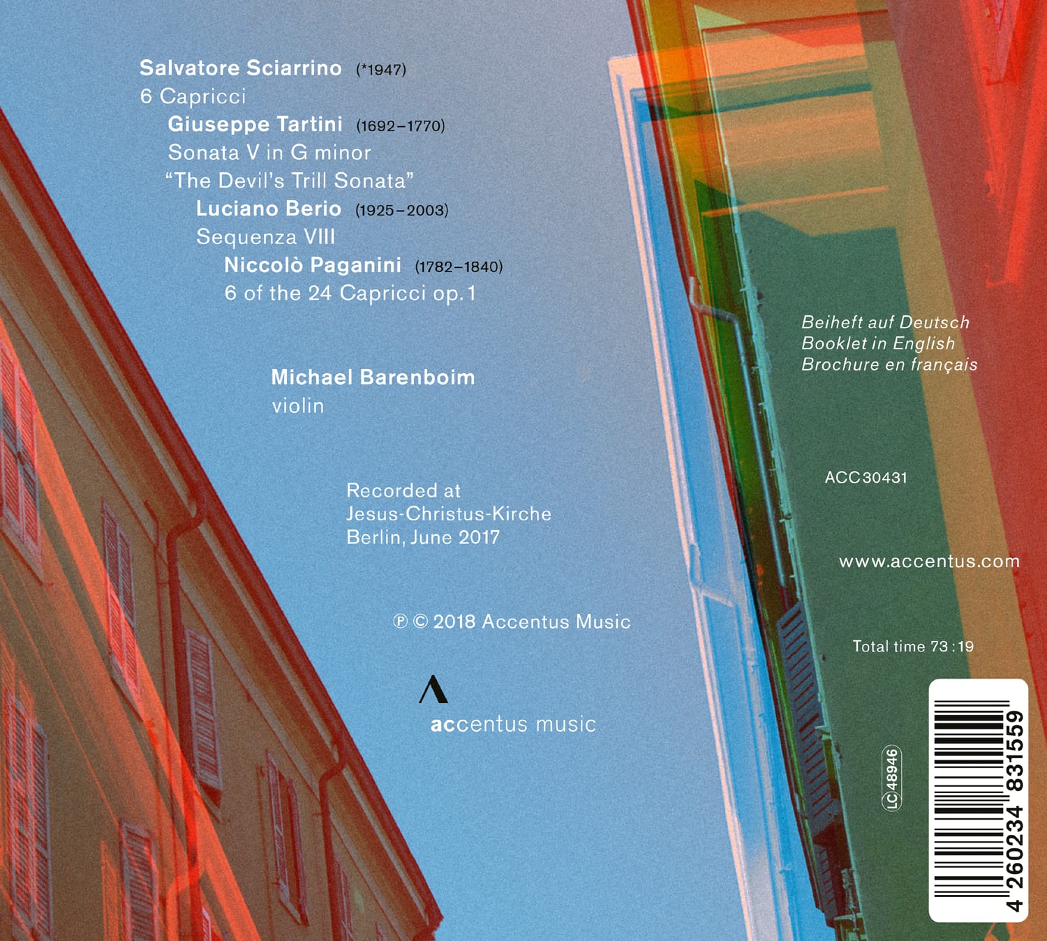 Sciarrino | Tartini | Berio | Paganini - Works for Violin - Back Cover