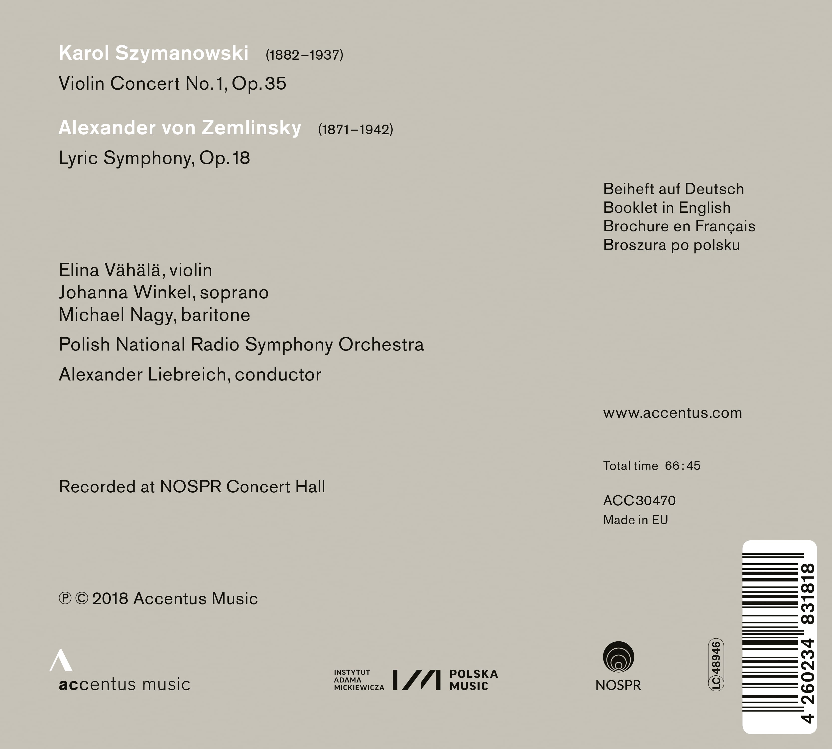 Szymanowski / Zemlinsky - Back Cover