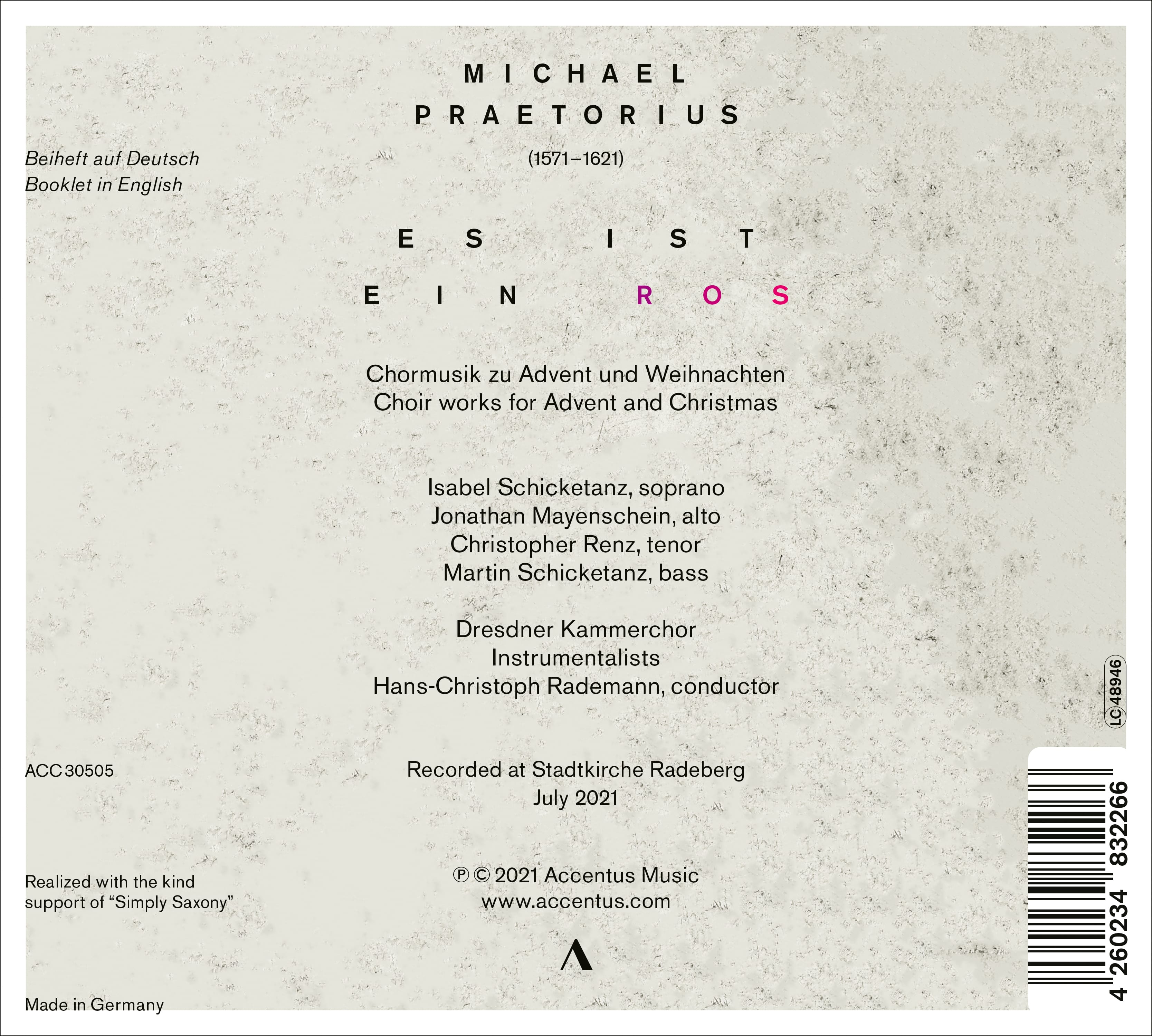 Es ist ein Ros - Choral Music by Michael Praetorius - Back Cover