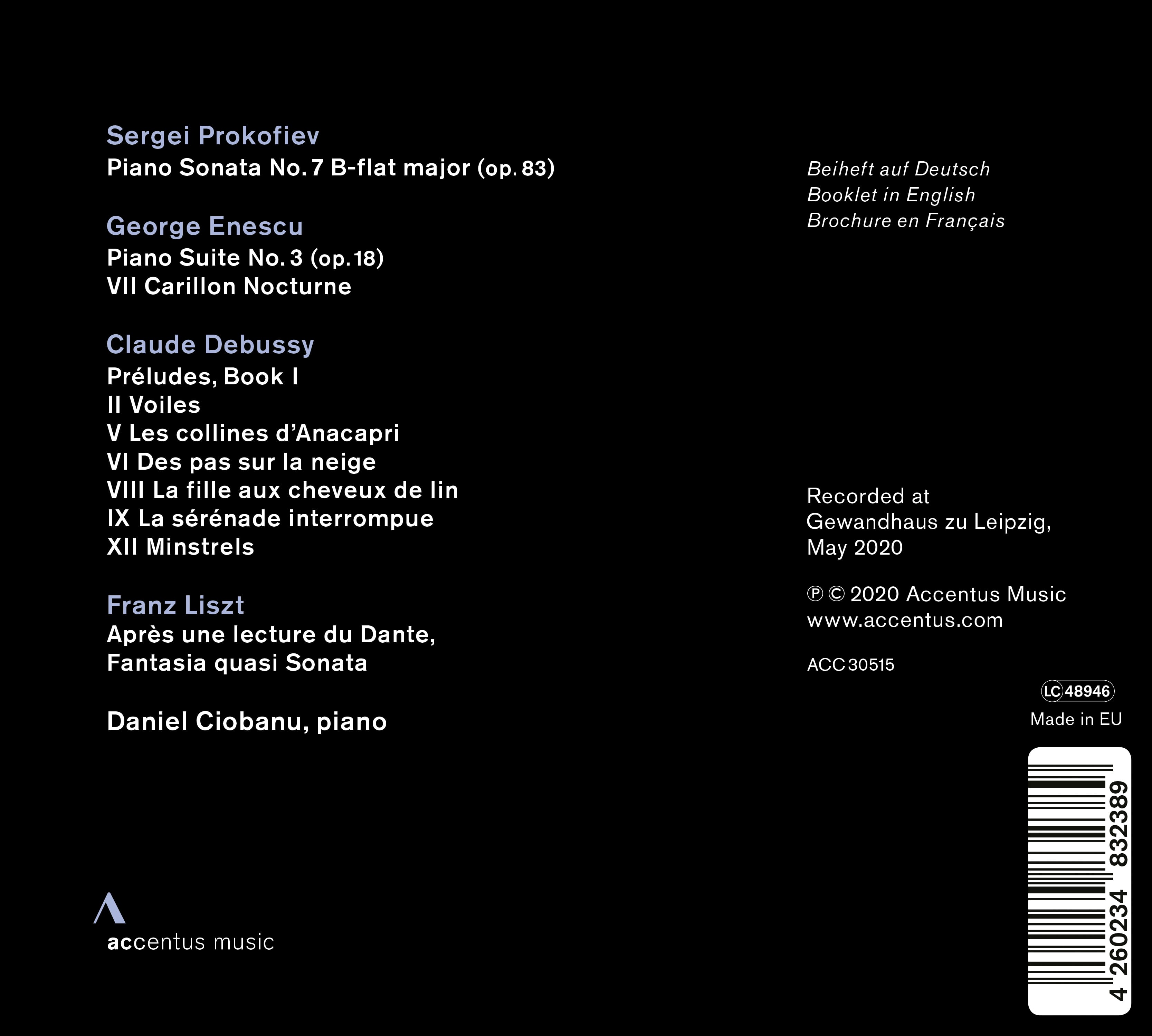 Daniel Ciobanu plays Prokofiev, Enescu, Debussy, and Liszt - Back Cover