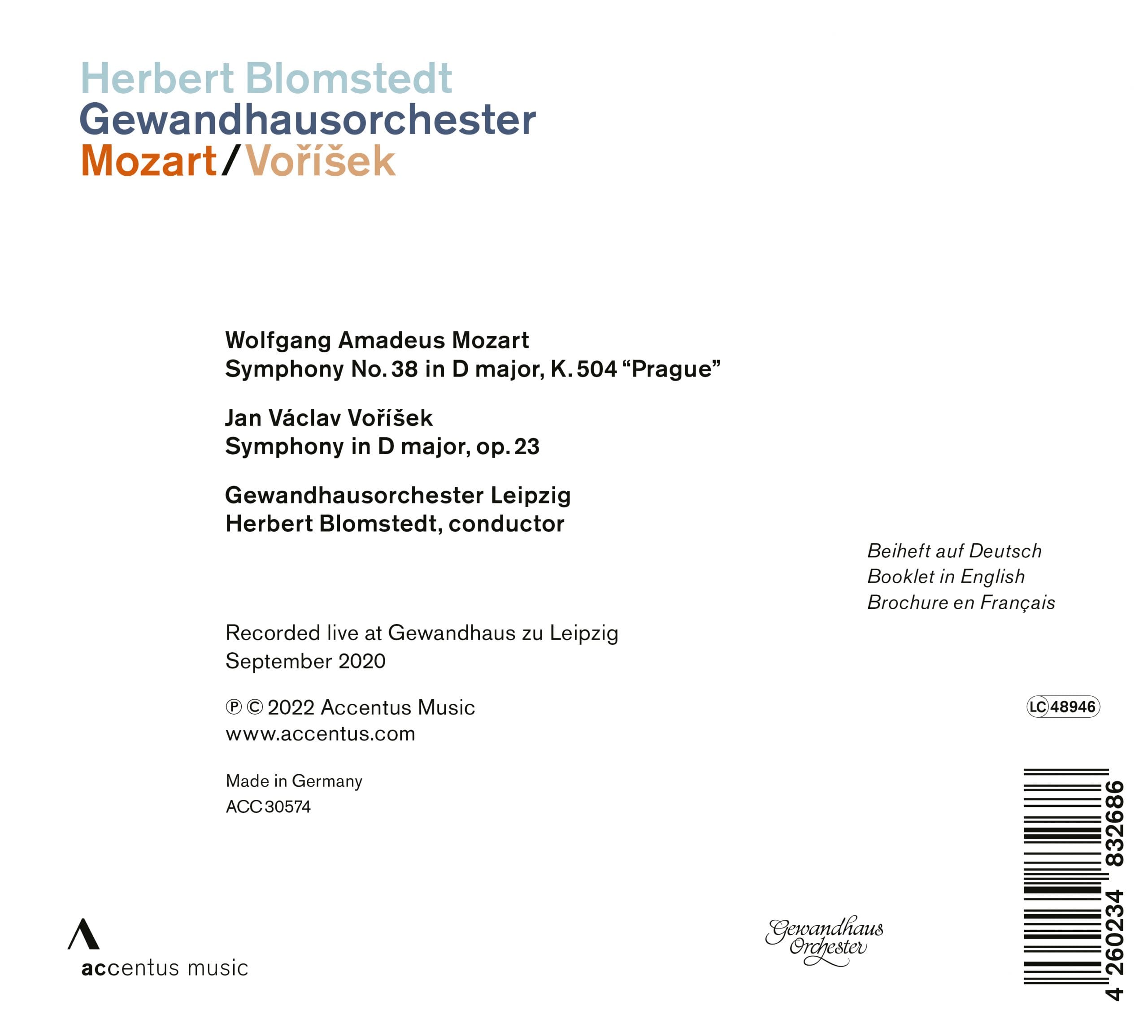 Mozart & Voříšek - Symphonies
Herbert Blomstedt, Gewandhausorchester - Back Cover