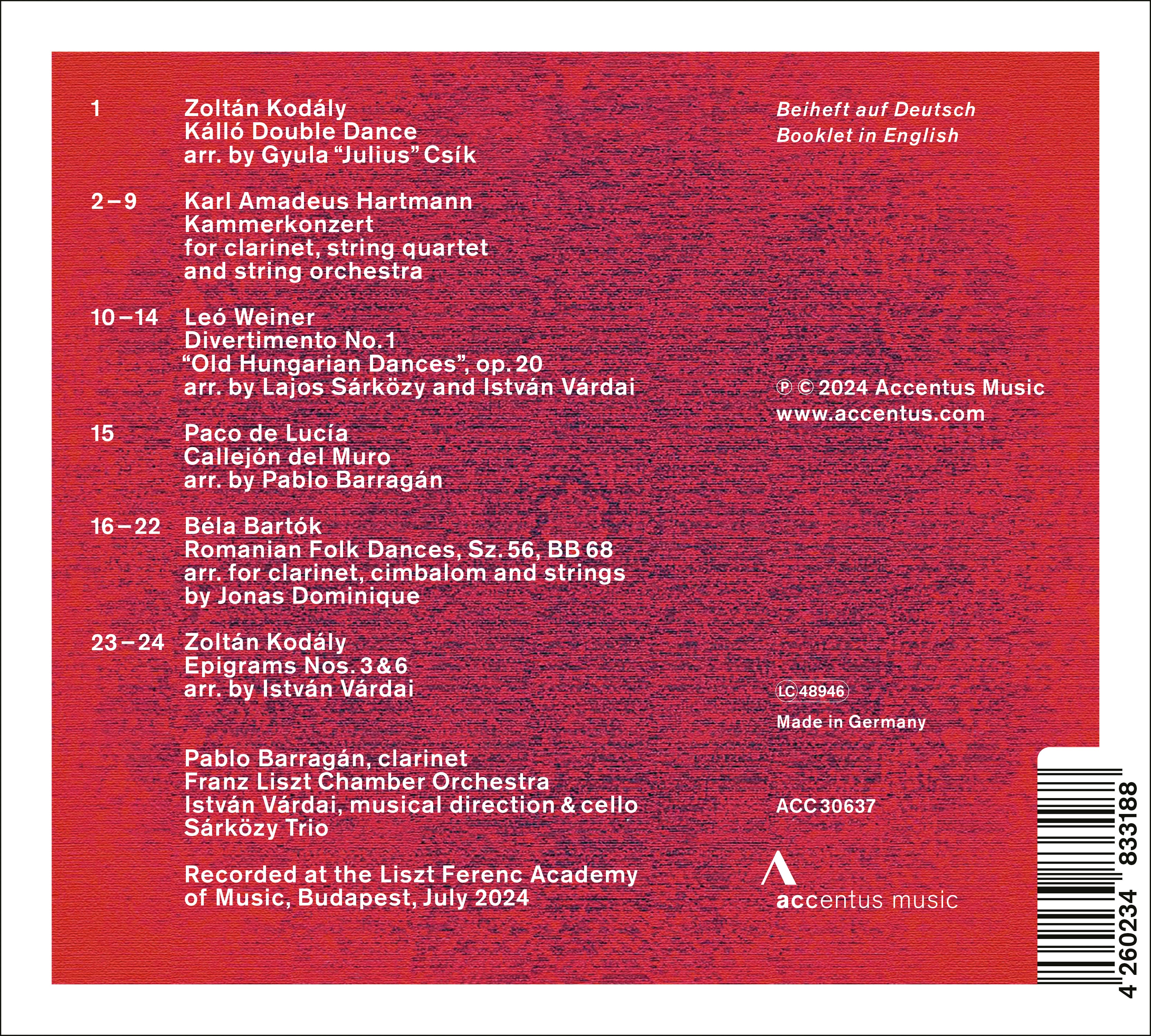Szinergia – Works by Hartmann, Kodály, Weiner, Bartók - Back Cover