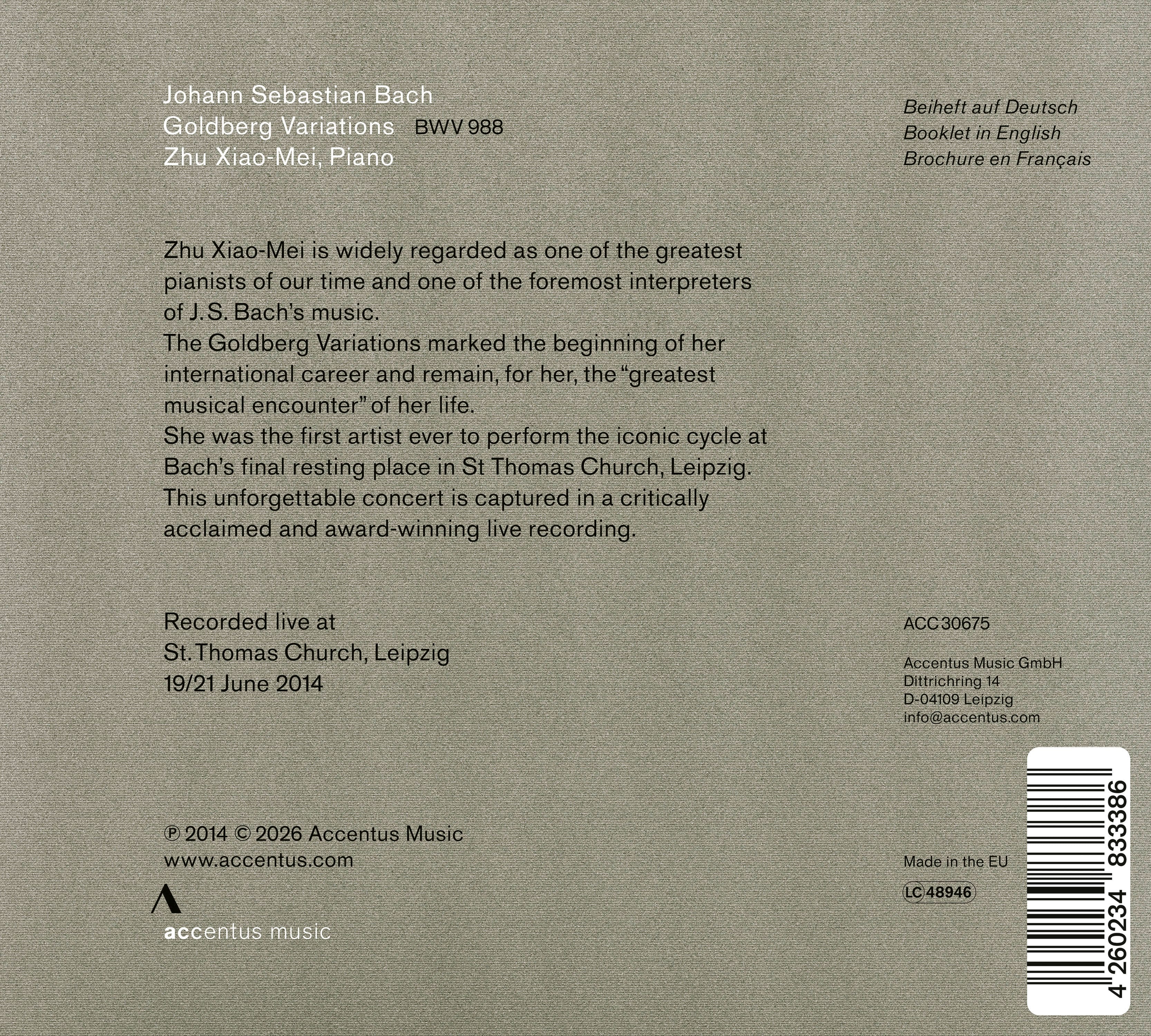 J. S. Bach: Goldberg Variations, BWV 988
Zhu Xiao-Mei - Back Cover