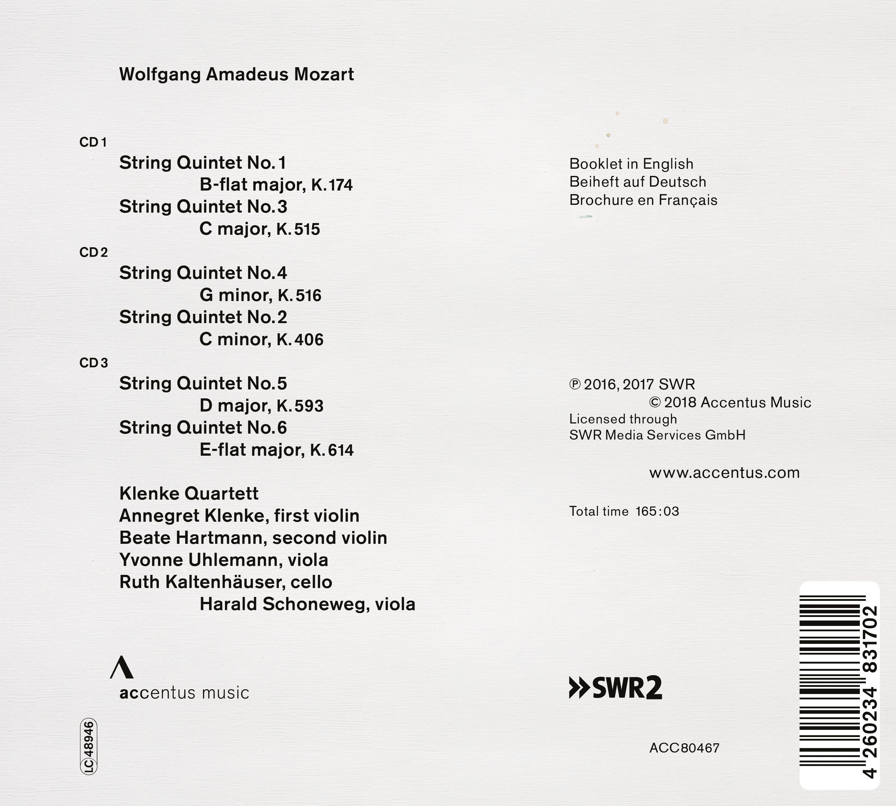 W. A. Mozart: The String Quintets  - Back Cover